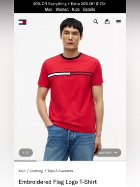 Tommy Hilfiger Men’s Red Embroidered Flag Logo T-Shirt Size Medium